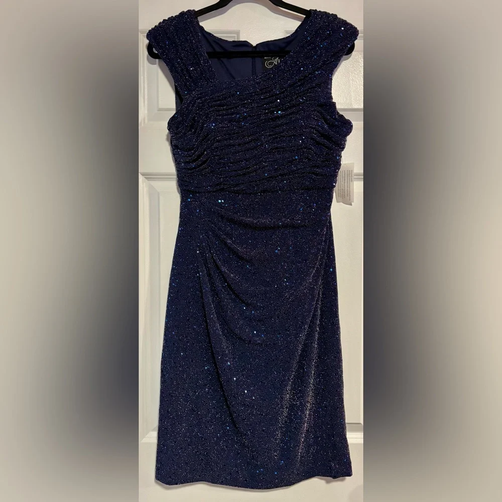 Alex Evenings Sparkly Navy Ruched Cocktail Dress, size 12P - Picture 2 of 10